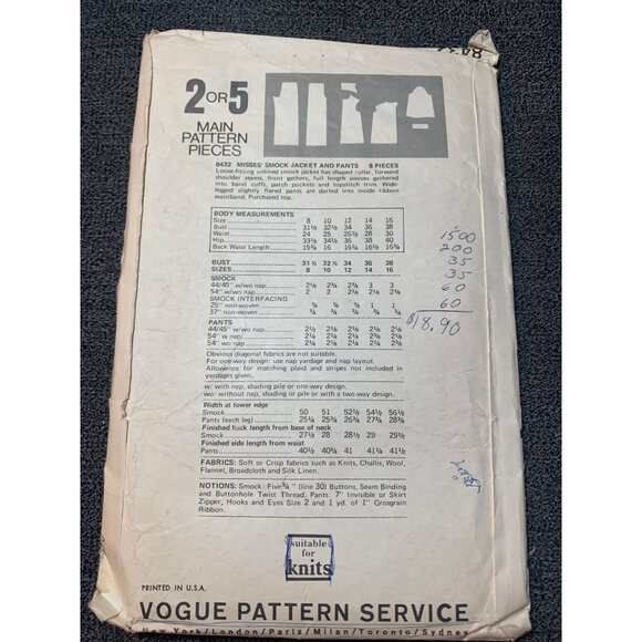 Vogue Vintage Sewing Pattern 8432 Smock Jacket Pants Size 10 1970s - Picture 2 of 2